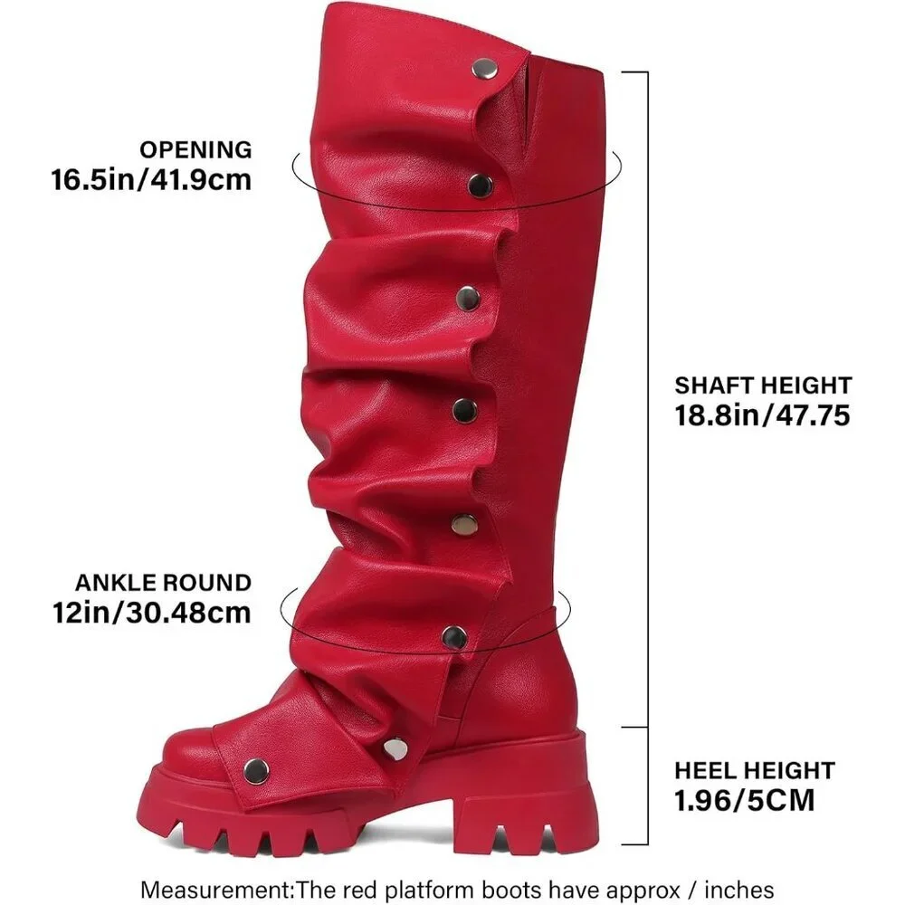 Women's Red Pu Fold Over Knee Slouchy Ruched Stacked Heel Round Toe Boots